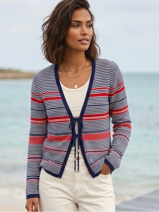 San Remo Sweaters - Vintage Patriotic 4th of July Cardigan Striped Nautical Memorial Day Tie Front S
